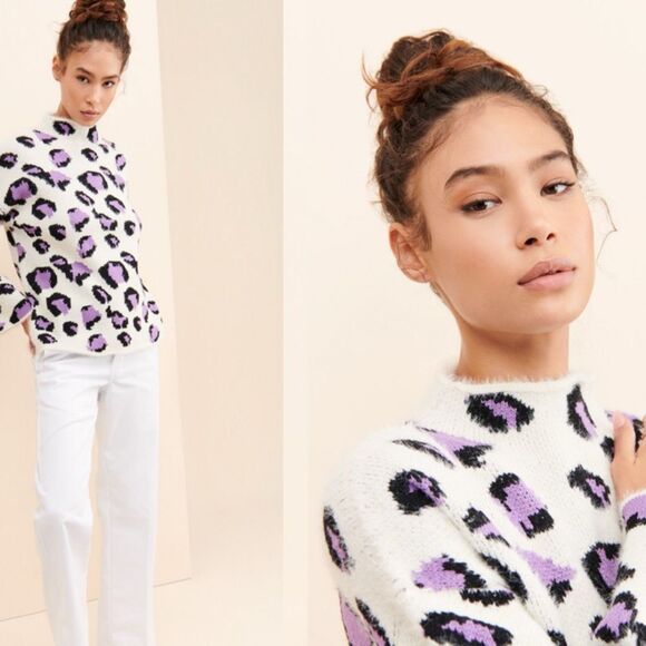 Moon River Lilac Leopard Funnel Neck Sweater | Large | Anthropologie - Picture 3 of 11